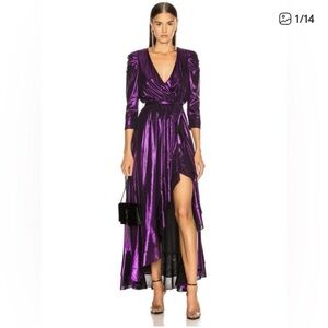 Retrofete Flora Maxi Wrap Dress Purple Metallic Size M V Neck Ruffle EUC Party